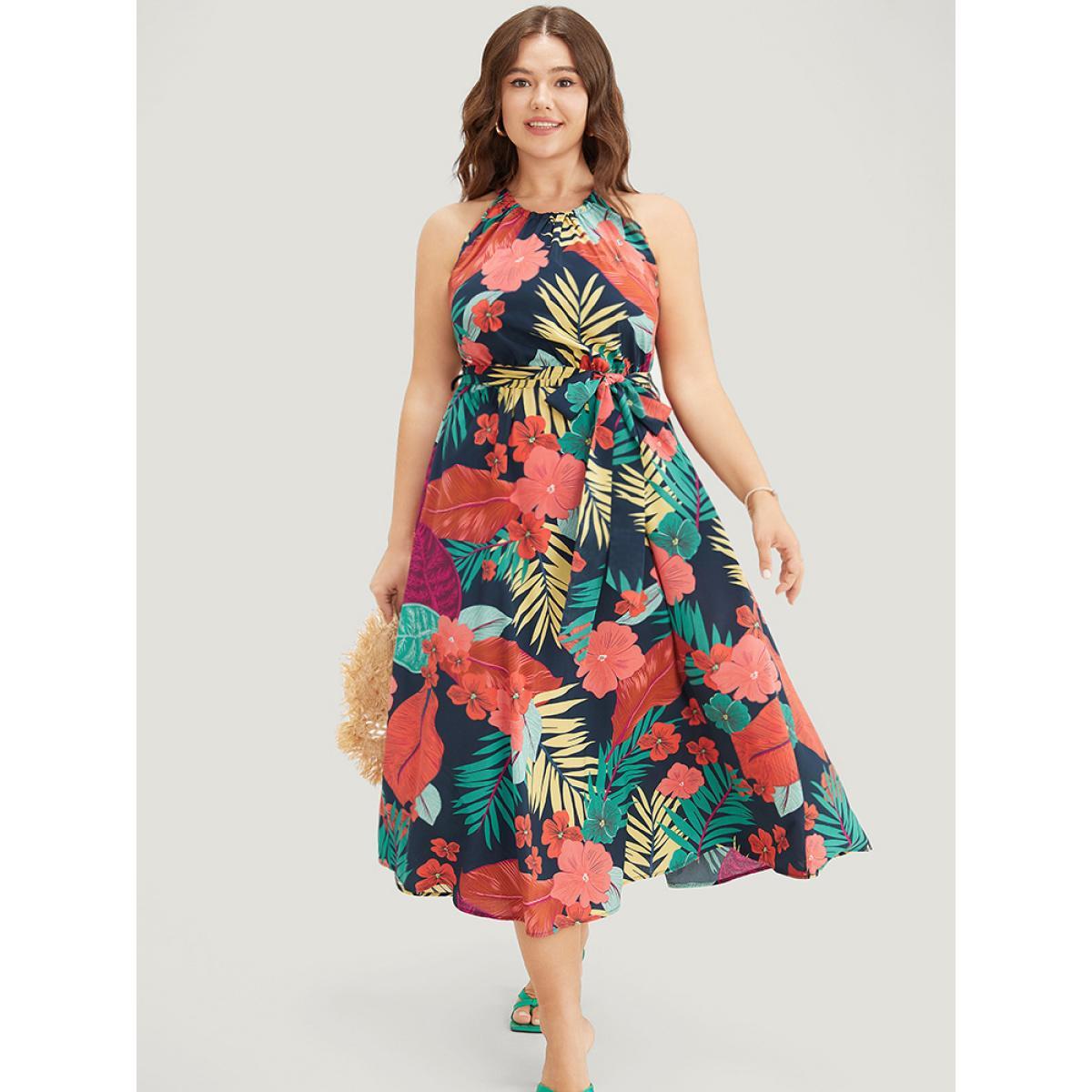 Plus Size Tropical Print Ruffle Hem Pocket Belt Knotted Halter Dress DarkBlue Women Vacation Cross straps Halter neck Sleeveless Curvy Midi Dress BloomChic 14-16/1X Product Image