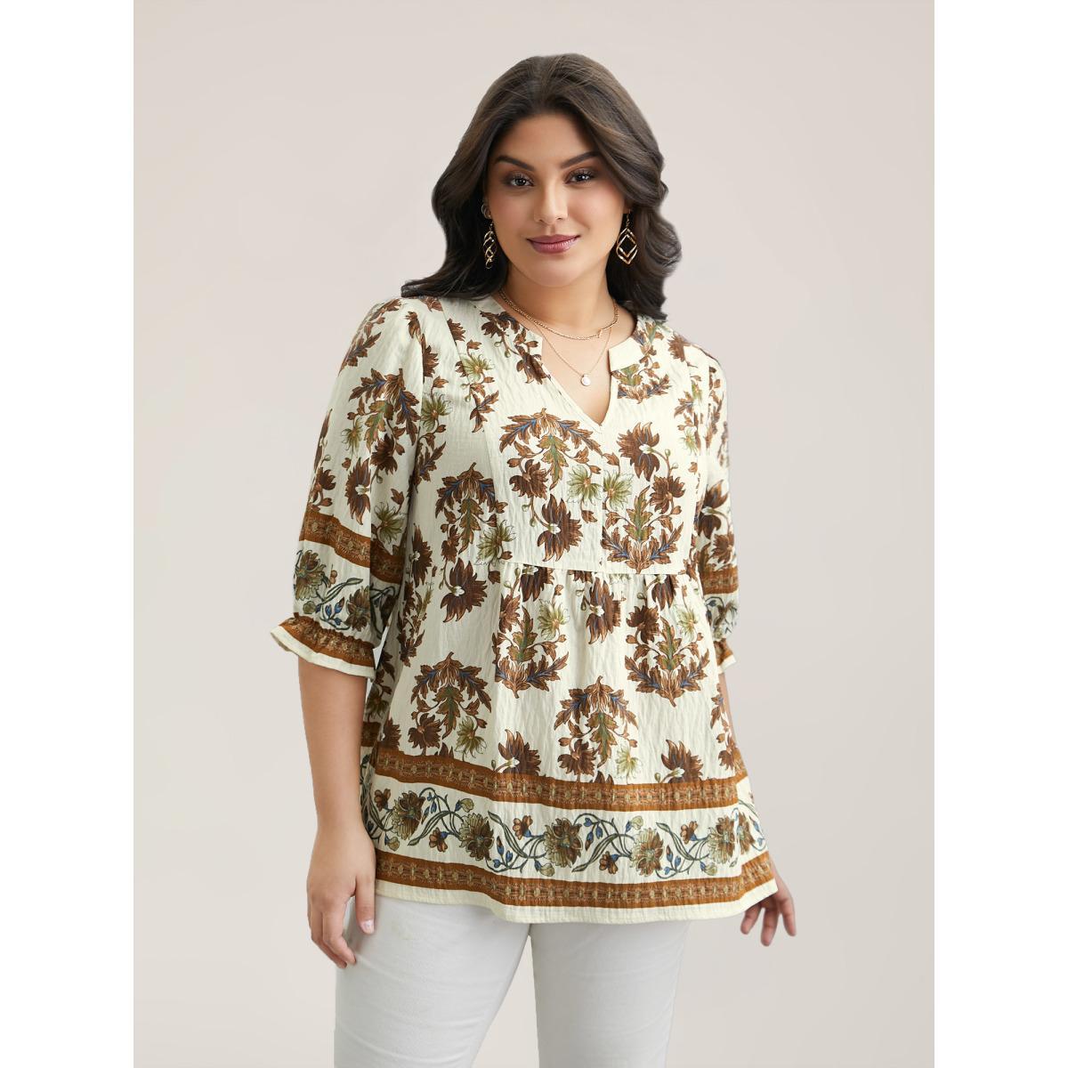 Plus Size Ivory Floral Print Notched Collar Shirt Women Elegant Elbow-length sleeve Notched collar Everyday Blouses BloomChic 28/5X Product Image