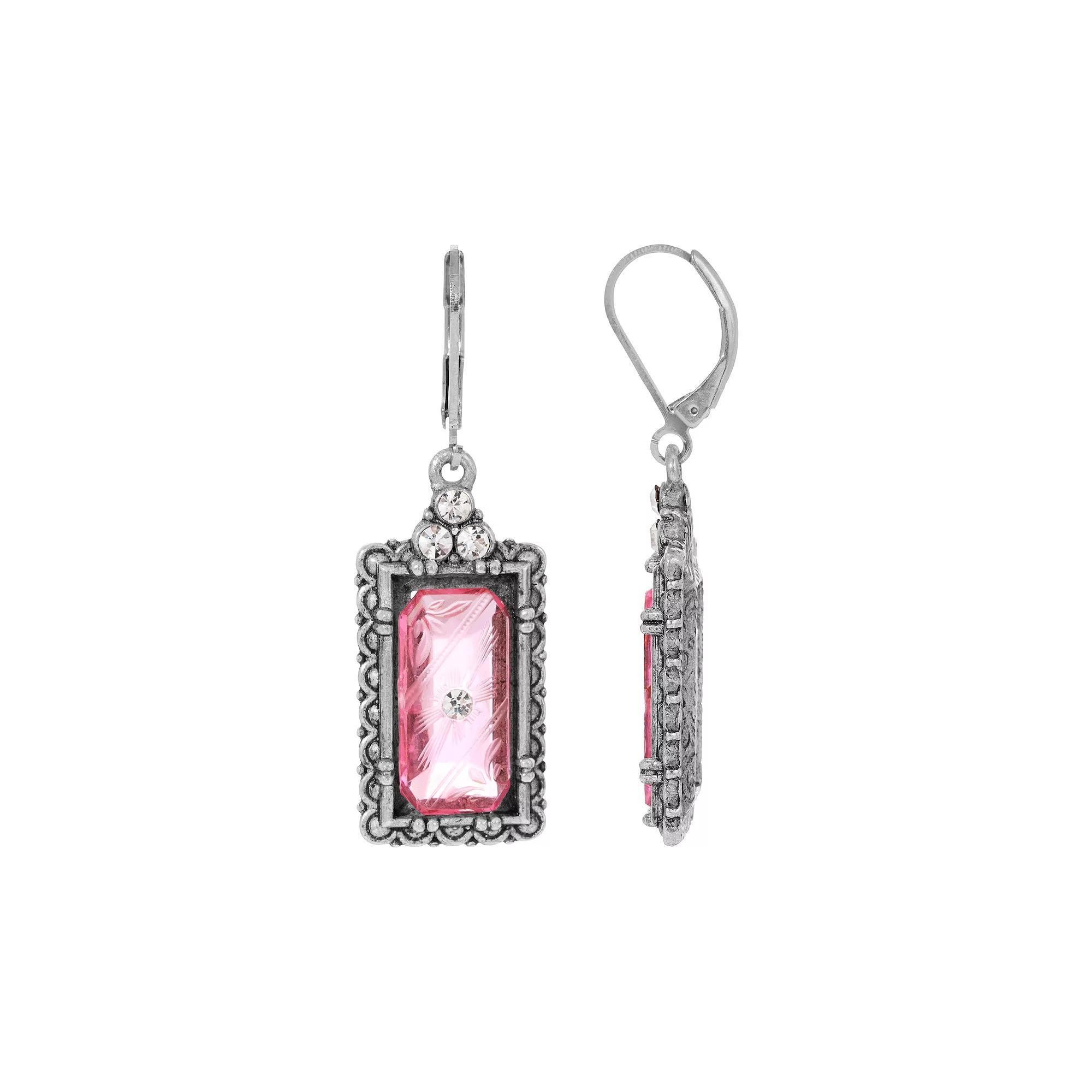 1928 Silver Tone Rectangle Simulated Crystal Stone Earrings, Womens, Pink Product Image