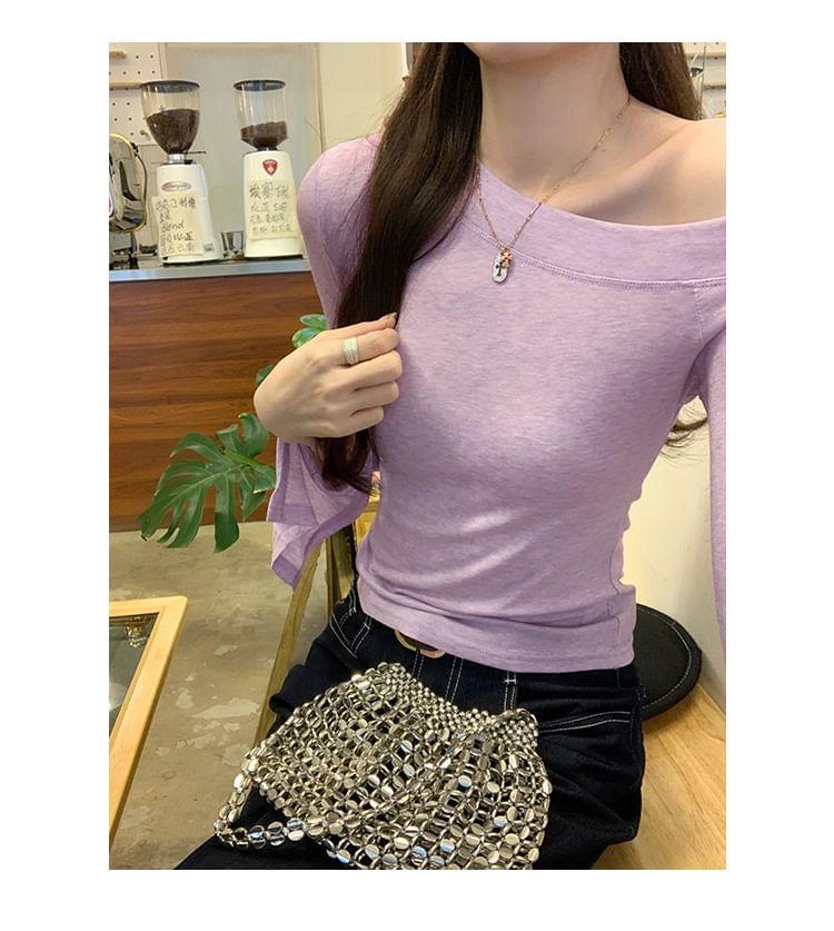 Bell Sleeve Cold Shoulder Plain Slim-Fit Top Product Image