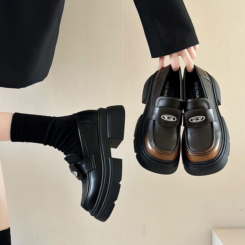 Lettering Faux Leather Platform Loafers Product Image
