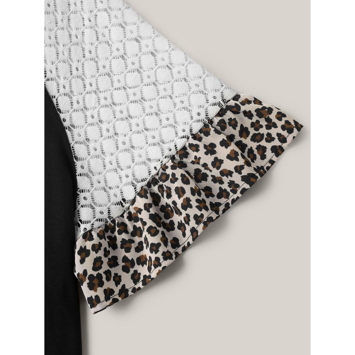 Plus Size Textured Leopard Print Contrast Plain T-Shirt Black Women Casual See through V-neck Everyday-Casual T-shirts BloomChic 28/5X Product Image
