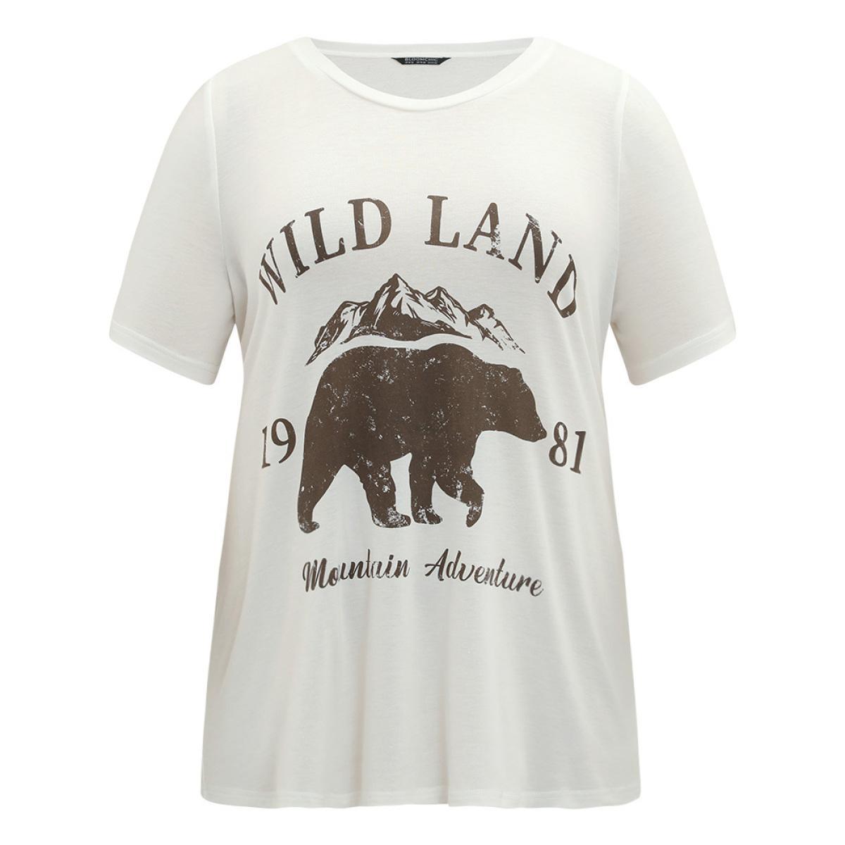 Plus Size Letter & Bear Round Neck Sleeve T-shirt White Women Casual Printed Animal Dailywear T-shirts BloomChic 14-16/1X Product Image