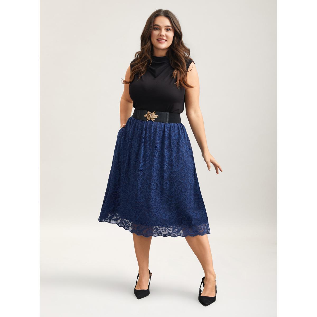 Plus Size Stretchy-Waist Pleated Lace Midi Skirt Women Indigo Elegant Tiered Low stretch Side seam pocket Everyday Skirts BloomChic 28/5X Product Image