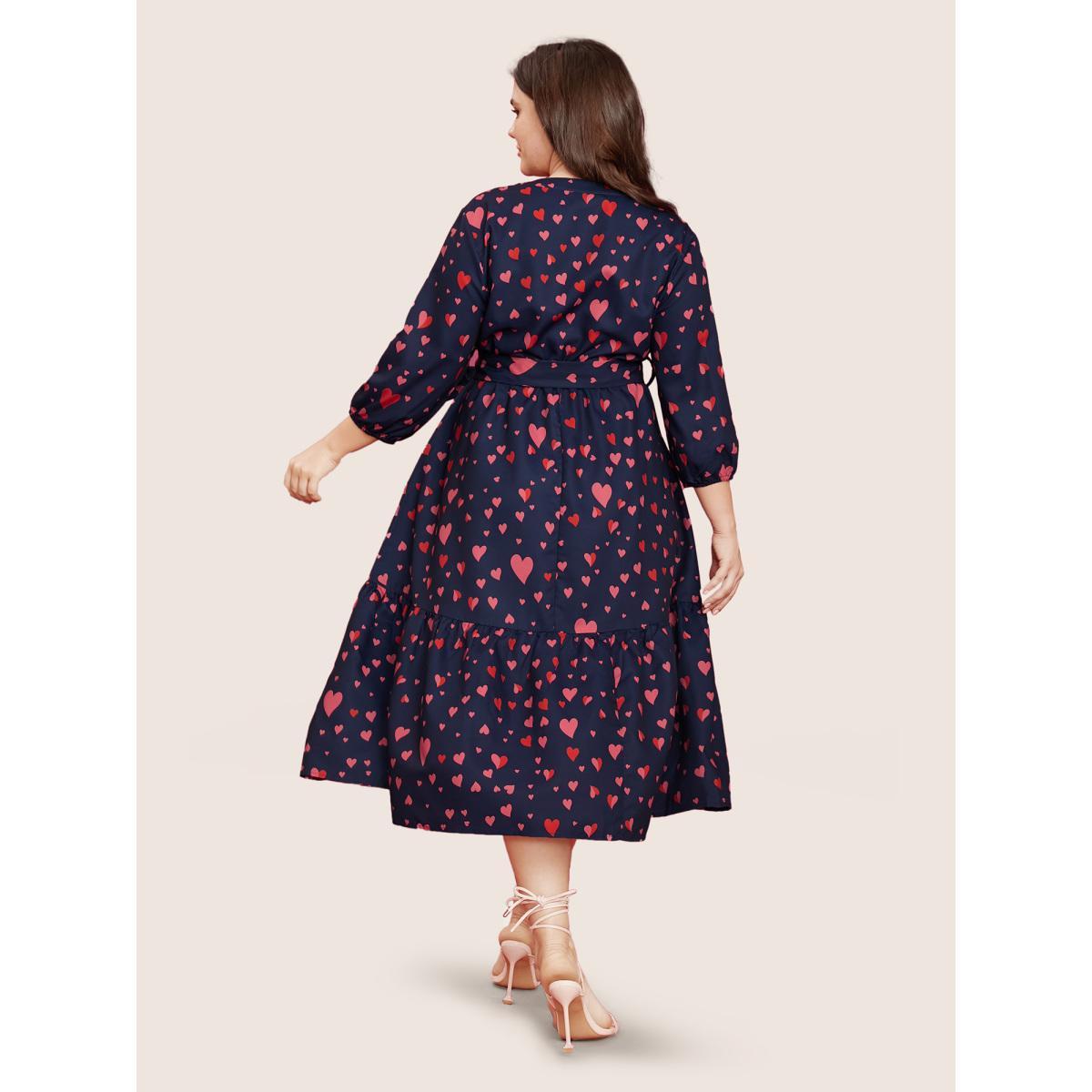 Plus Size Heart Print V Neck Pocket Belted Lantern Sleeve Ruffles Dress Navy Women Elegant Non V-neck Elbow-length sleeve Curvy Midi Dress BloomChic 26/4X Product Image
