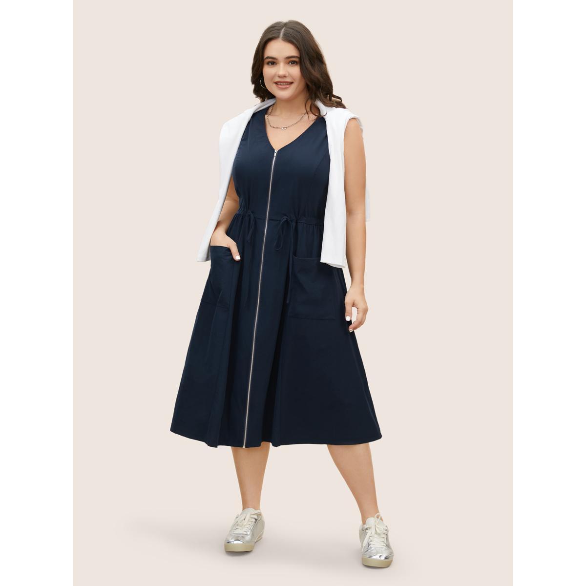 Plus Size Solid Zip Front Patch Pocket Sleevless Dress DarkBlue Women Casual Drawstring V-neck Sleeveless Curvy BloomChic 28/5X Product Image