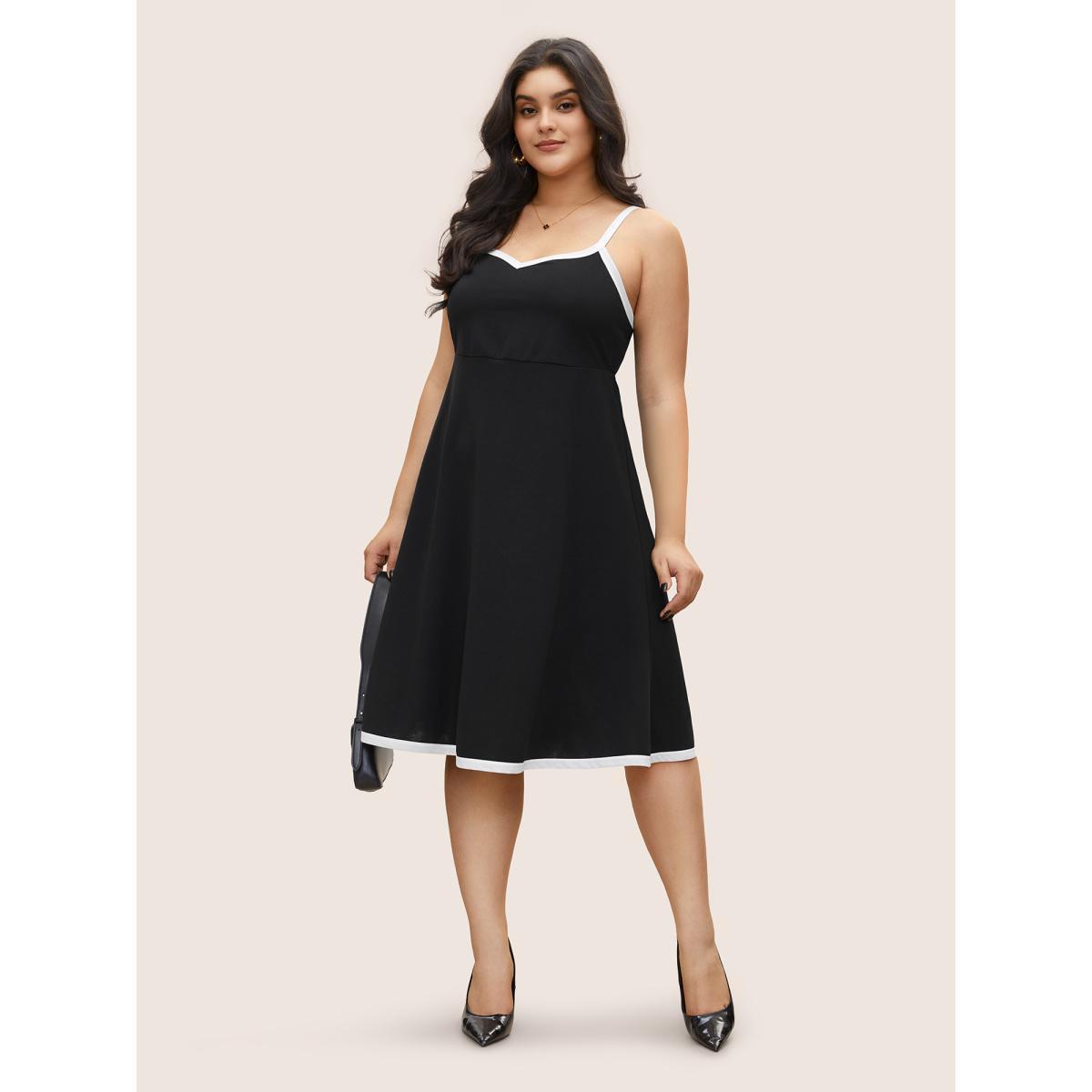 Plus Size Contrast Trim Adjustable Straps Dress Black Women At the Office Contrast V-neck Sleeveless Curvy Knee Dress BloomChic 26/4X Product Image