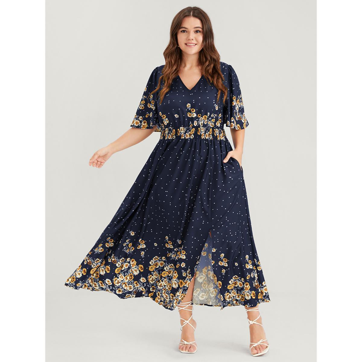 Plus Size Floral Pocket Split Hem Flutter Shirred Maxi Dress Navy Women Casual Printed V-neck Half Sleeve Curvy Midi Dress BloomChic 30/6X Product Image