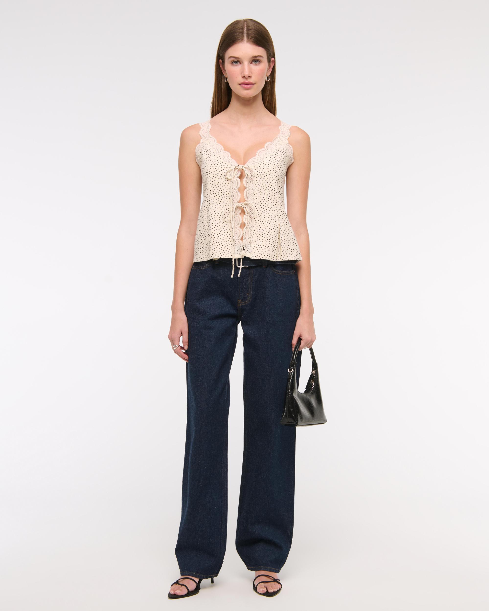Lace-Trim Tie-Front Peplum Top Product Image