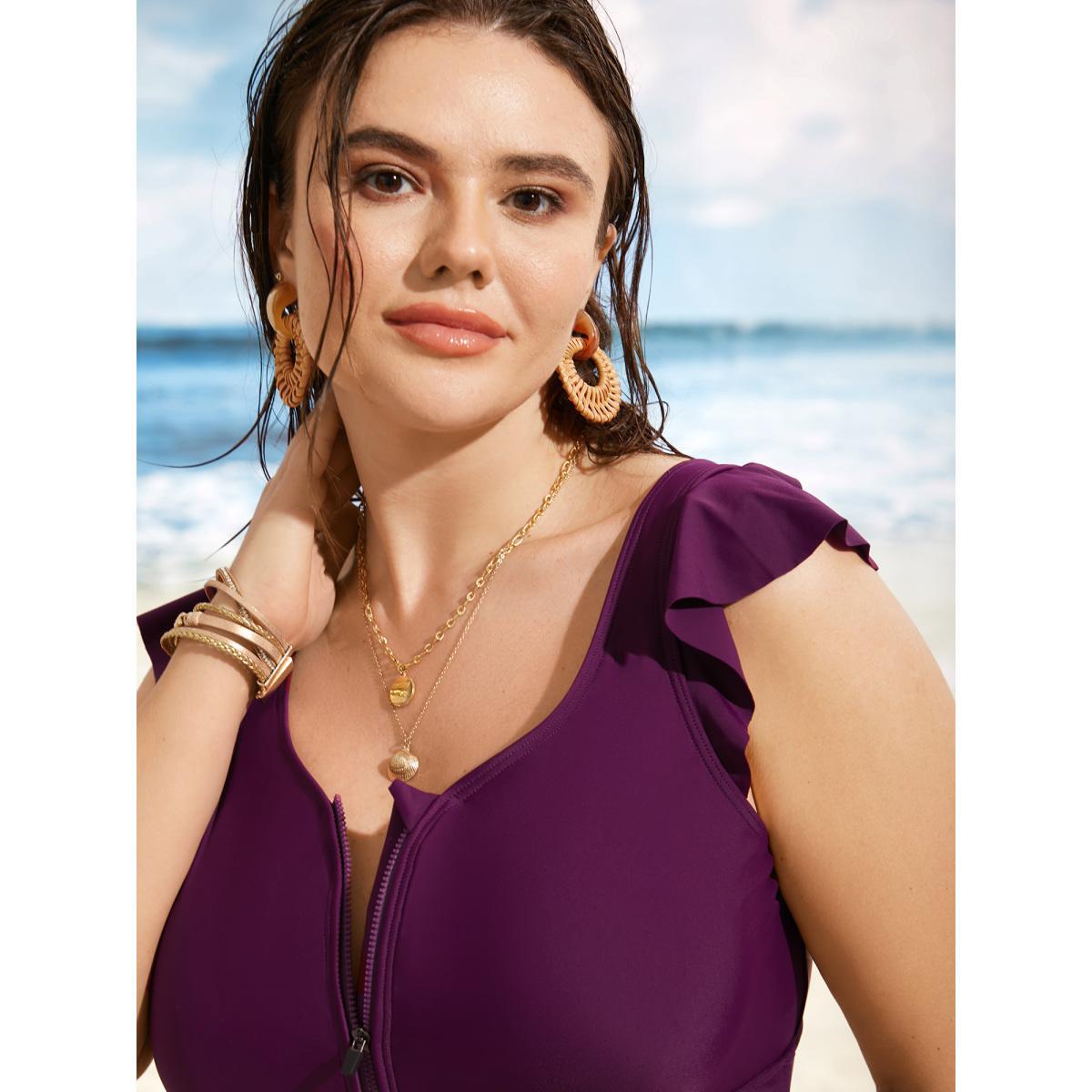 Plus Size Solid Half Zip Ruffle Cap Sleeve One Piece Swimsuit Women's Swimwear Deeppurplered Beach Ruffles Curve Bathing Suits High stretch One Pieces BloomChic 14-16/1X Product Image