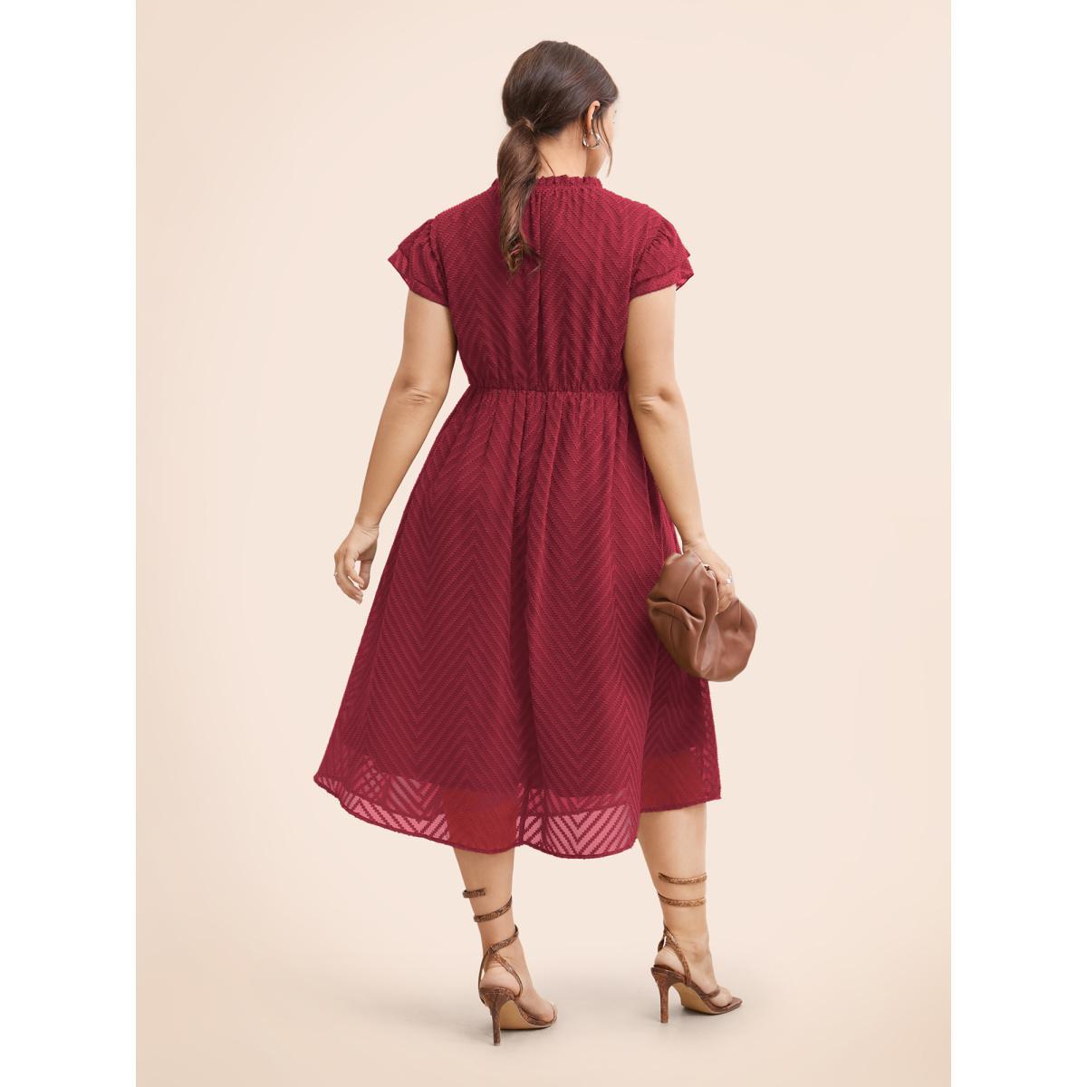 Plus Size Plain Geometric Layered Sleeve Pocket Ruffle Mock Neck Dress Rosered Women Office See through Round Neck Cap Sleeve Curvy Midi Dress BloomChic 14-16/1X Product Image
