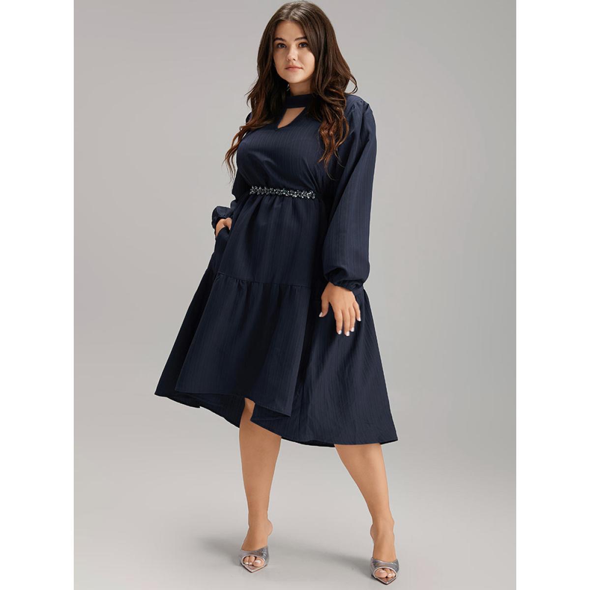 Plus Size Solid Cut Out Lantern Sleeve Dress DarkBlue Women Elegant Elastic cuffs Keyhole Cut-Out Long Sleeve Curvy Midi Dress BloomChic 22-24/3X Product Image