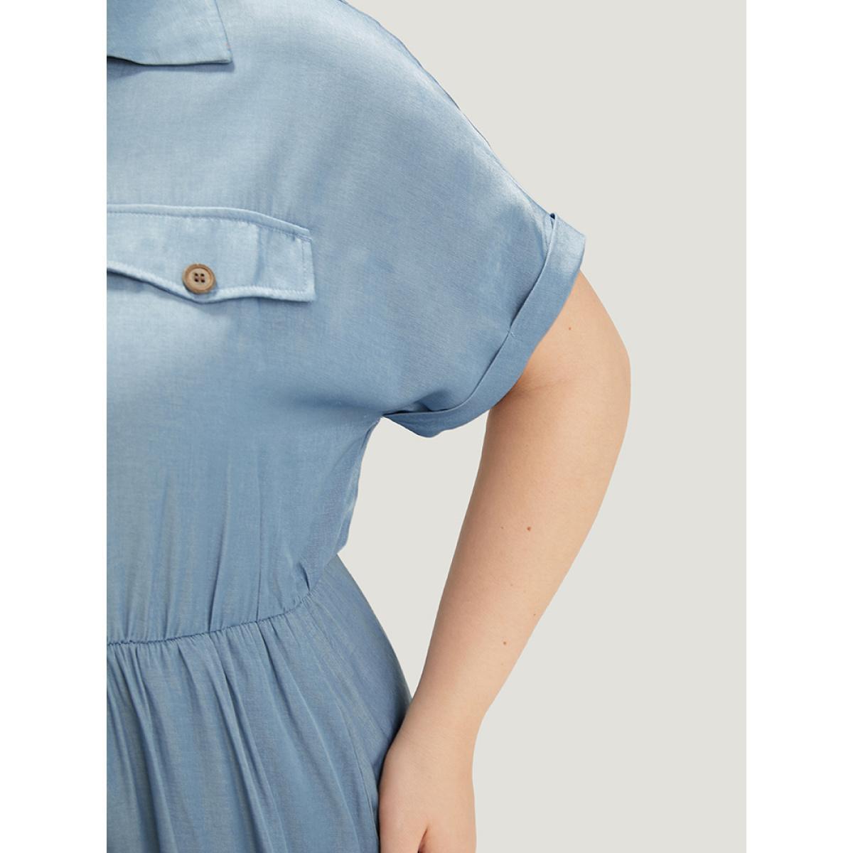 Plus Size Plain Pocket Button Detail Gathered Roll Dolman Sleeve Dress Stone Women Casual Gathered Shirt collar Short sleeve Curvy Midi Dress BloomChic 28/5X Product Image