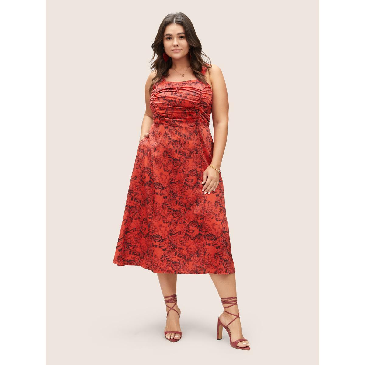 Plus Size Floral Print Ruched Detail Adjustable Straps Dress Raspberry Women Elegant Gathered Spaghetti Strap Sleeveless Curvy Midi Dress BloomChic 12/L Product Image