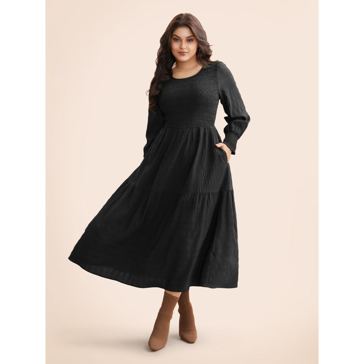 Plus Size Plain Textured Shirred Midi Dress Black Women Elegant Texture Round Neck Long Sleeve Curvy BloomChic 14-16/1X Product Image