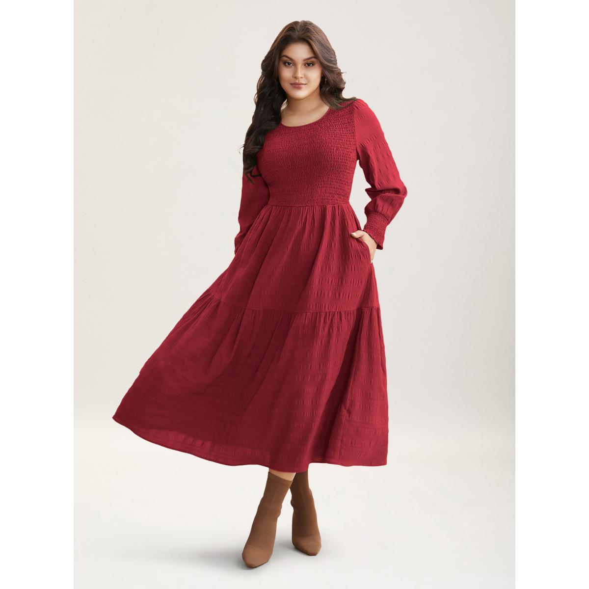 Plus Size Plain Textured Shirred Midi Dress Burgundy Women Elegant Texture Round Neck Long Sleeve Curvy BloomChic 10/M Product Image