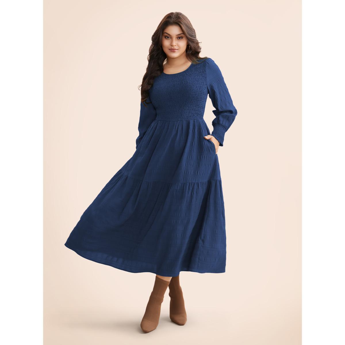 Plus Size Plain Textured Shirred Midi Dress DarkBlue Women Elegant Texture Round Neck Long Sleeve Curvy BloomChic 22-24/3X Product Image