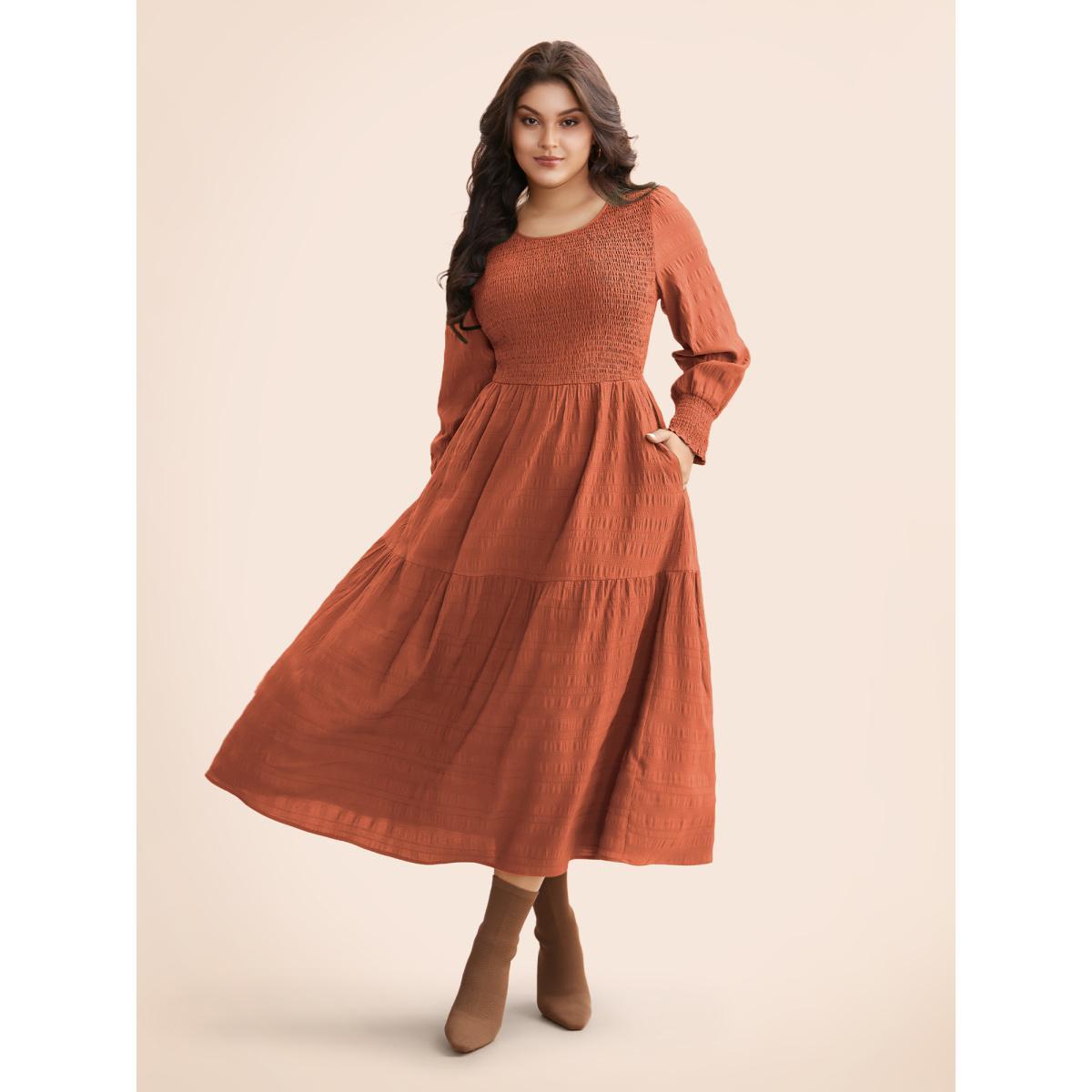Plus Size Plain Textured Shirred Midi Dress Rust Women Elegant Texture Round Neck Long Sleeve Curvy BloomChic 28/5X Product Image