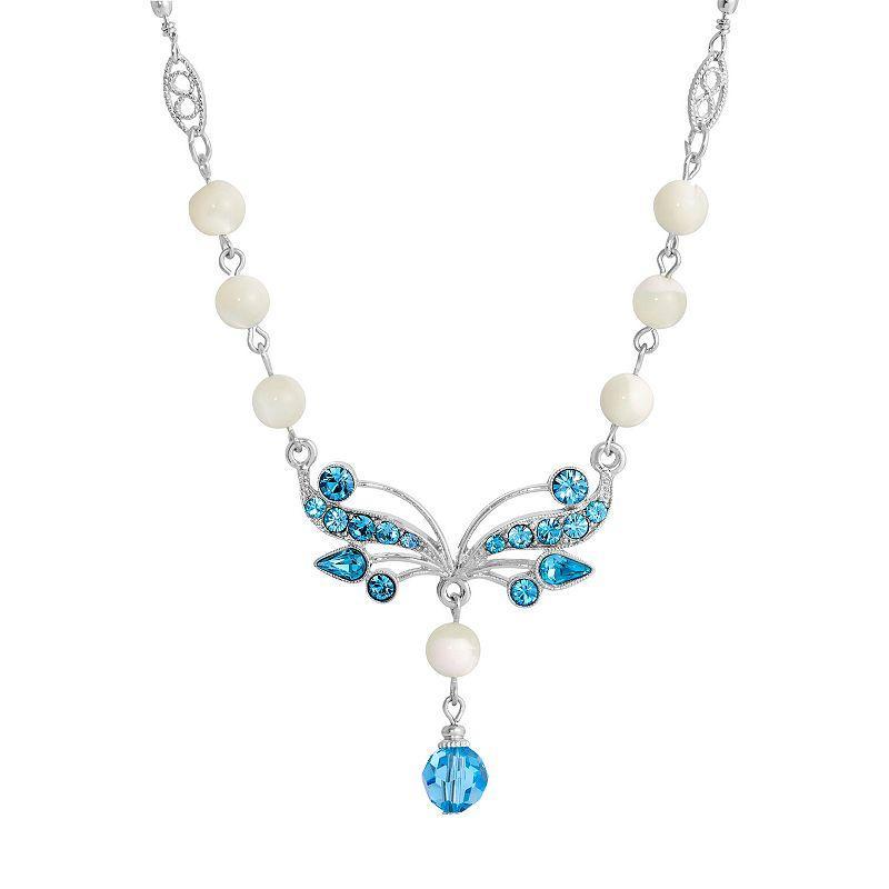 1928 Silver Tone Aqua and Simulated Oval Pearl Necklace, Womens, White Product Image