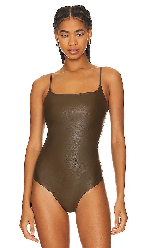 Faux-Leather Spaghetti-Strap Bodysuit Product Image