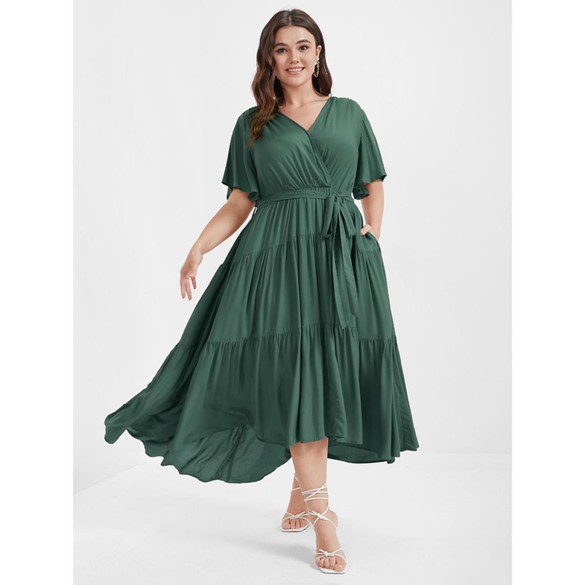 Plus Size Solid Button Pocket Belted Ruffles Wrap Midi Dress DarkGreen Women Elegant Cross straps V-neck Short sleeve Curvy Long Dress BloomChic 10/M Product Image