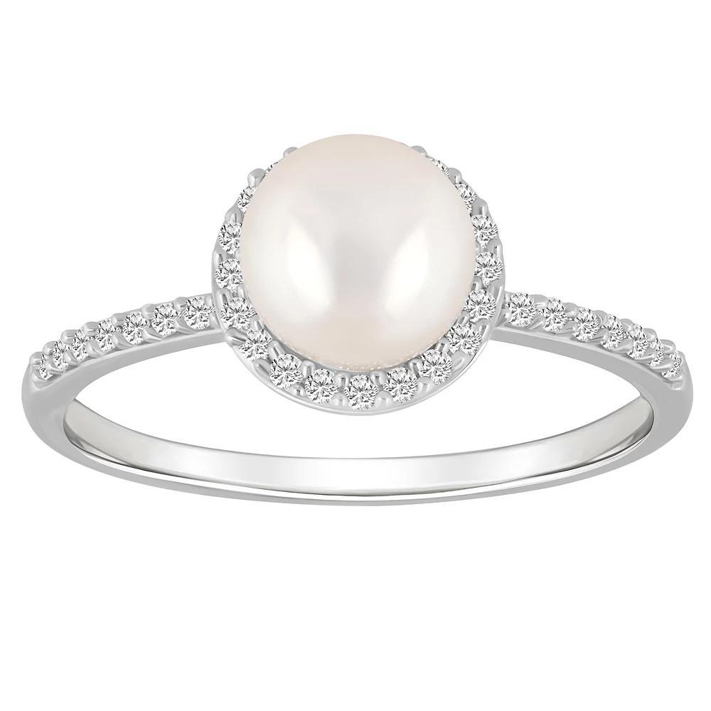 Celebration Gems 10k White Gold Round Freshwater Cultured Pearl & Lab-Created White Sapphire Halo Ring, Women's, Size: 7 Product Image