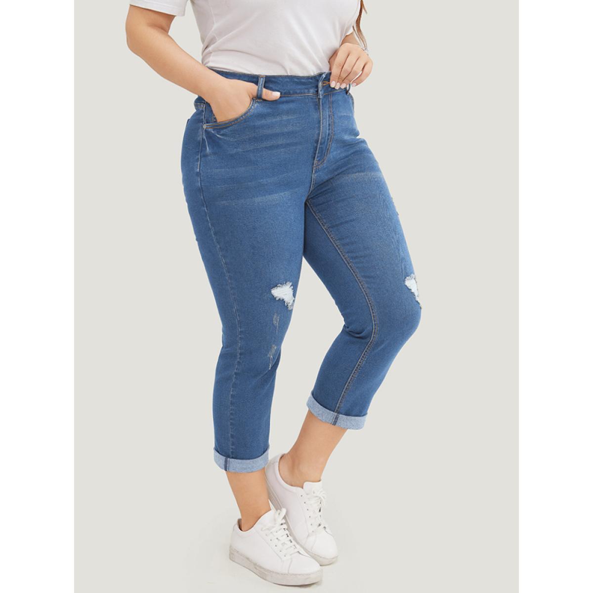 Plus Size Very Stretchy Dark Wash Roll Hem Cropped Jeans Women Blue Casual Plain Distressed High stretch Patch pocket Jeans BloomChic 30/6X Product Image