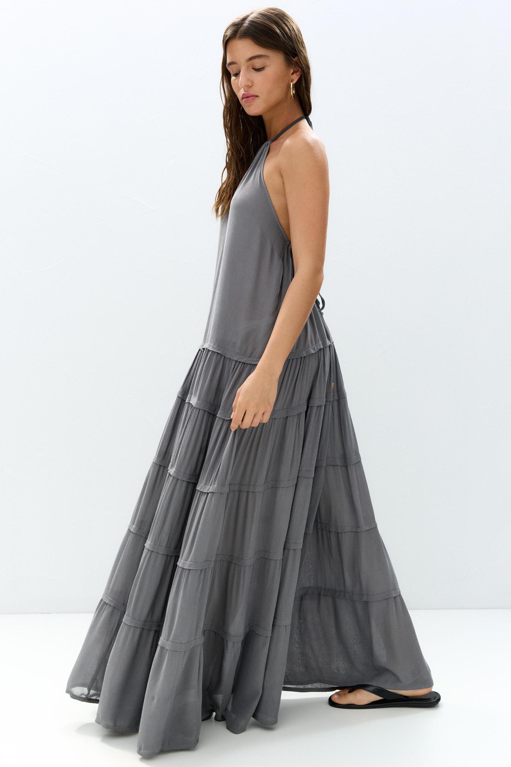 Long halter neck paneled dress Product Image
