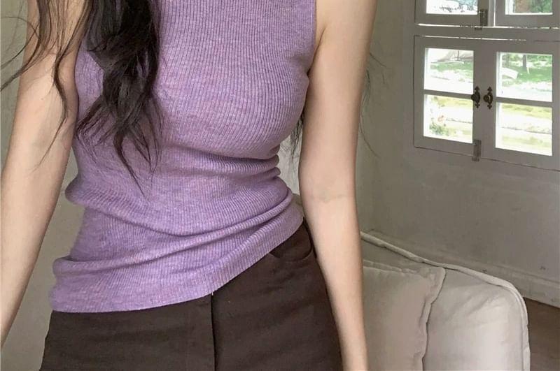 Mock Neck Plain Ribbed Knit Tank Top Product Image