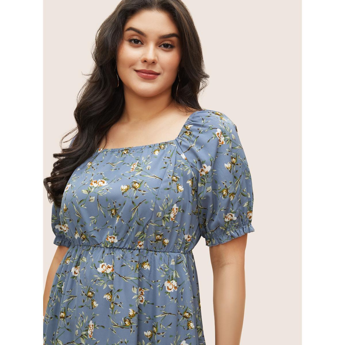 Plus Size Ditsy Floral Square Neck Elastic Waist Gathered Dress Stone Women Elegant Non Square Neck Short sleeve Curvy Midi Dress BloomChic 30/6X Product Image