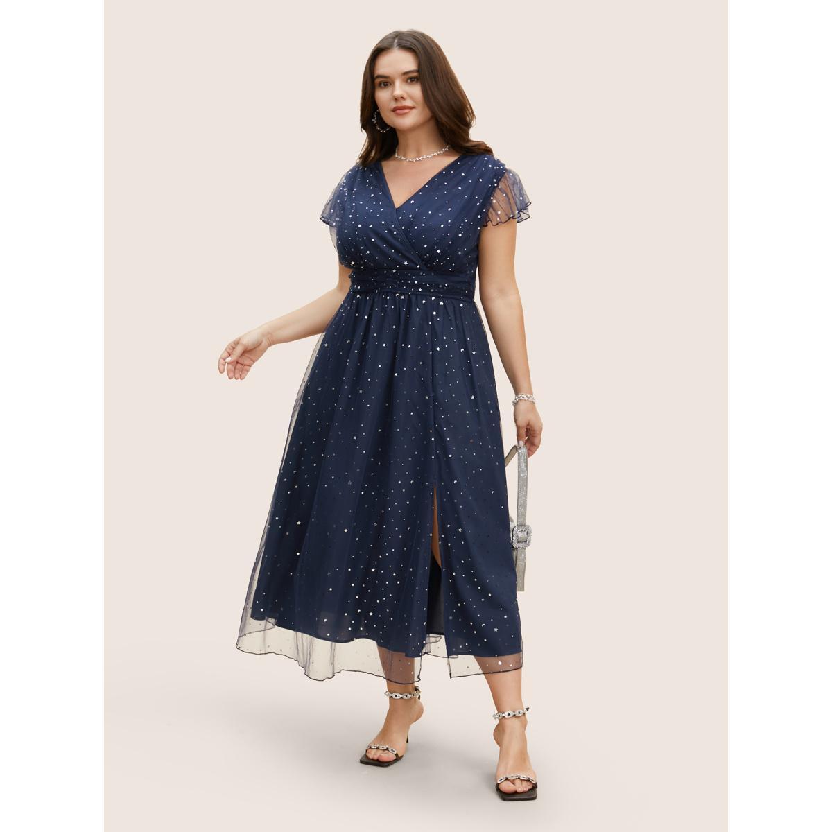Plus Size Sequin Mesh V Neck Ruffle Cap Sleeve Dress Indigo Women Formal Texture V-neck Cap Sleeve Curvy BloomChic 14-16/1X Product Image