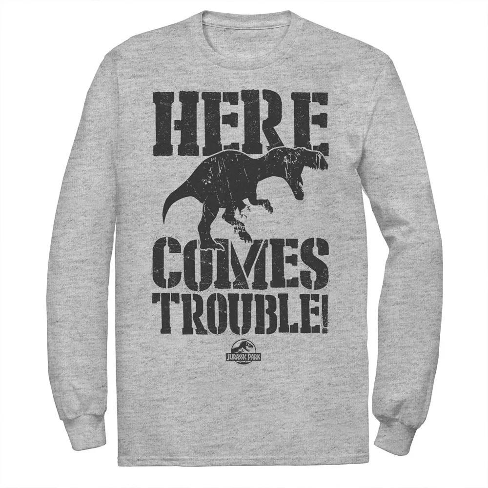 Men's Jurassic Park Here Comes Trouble Long Sleeve Graphic Tee, Size: Medium, Athletic Grey Product Image