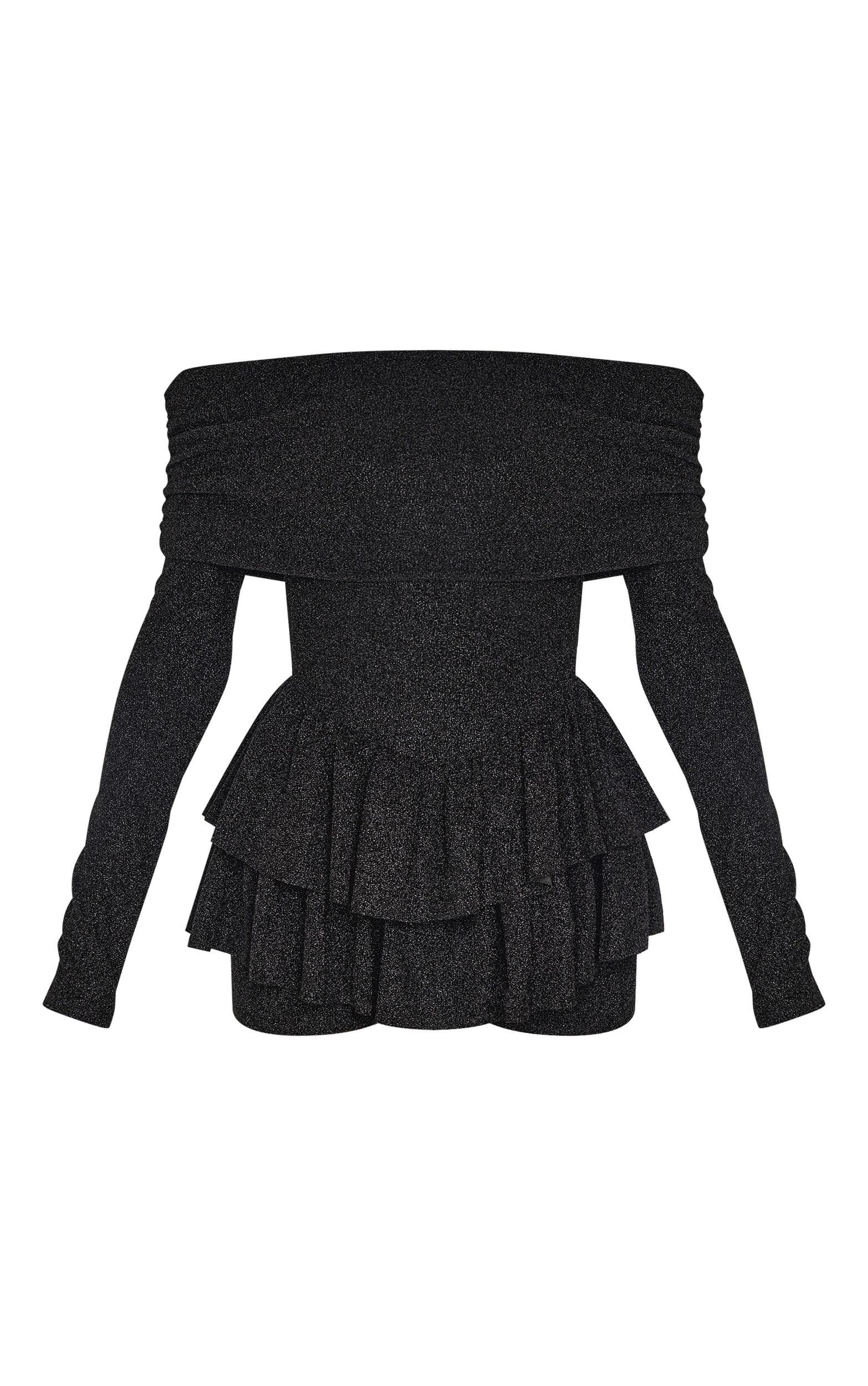 Black Glitter Bardot Long Sleeve Rara Romper Product Image