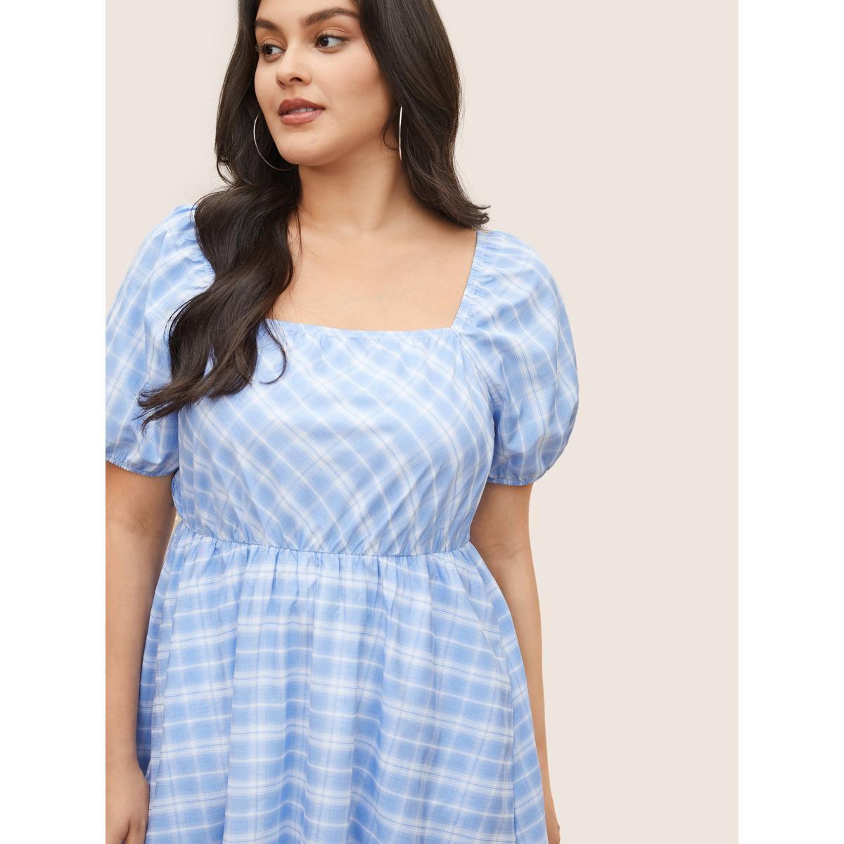 Plus Size Plaid Square Neck Gathered Shirred Dress LightBlue Women Casual Non Square Neck Short sleeve Curvy Midi Dress BloomChic 26/4X Product Image