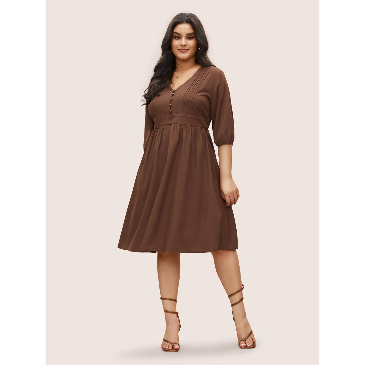 Plus Size Solid Pleated Button Detail Lantern Sleeve Dress DarkBrown Women At the Office Non V-neck Elbow-length sleeve Curvy Midi Dress BloomChic 26/4X Product Image