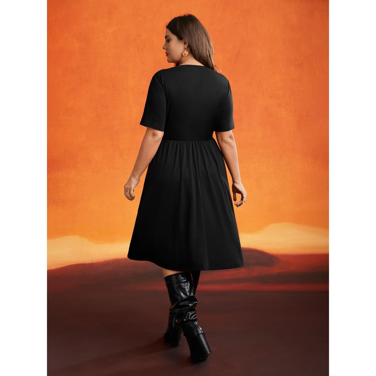 Plus Size Stretch Fabric Pumpkin Cut Out Midi Dress Black Women Cocktail Button Party Curvy Bloomchic 10/M Product Image