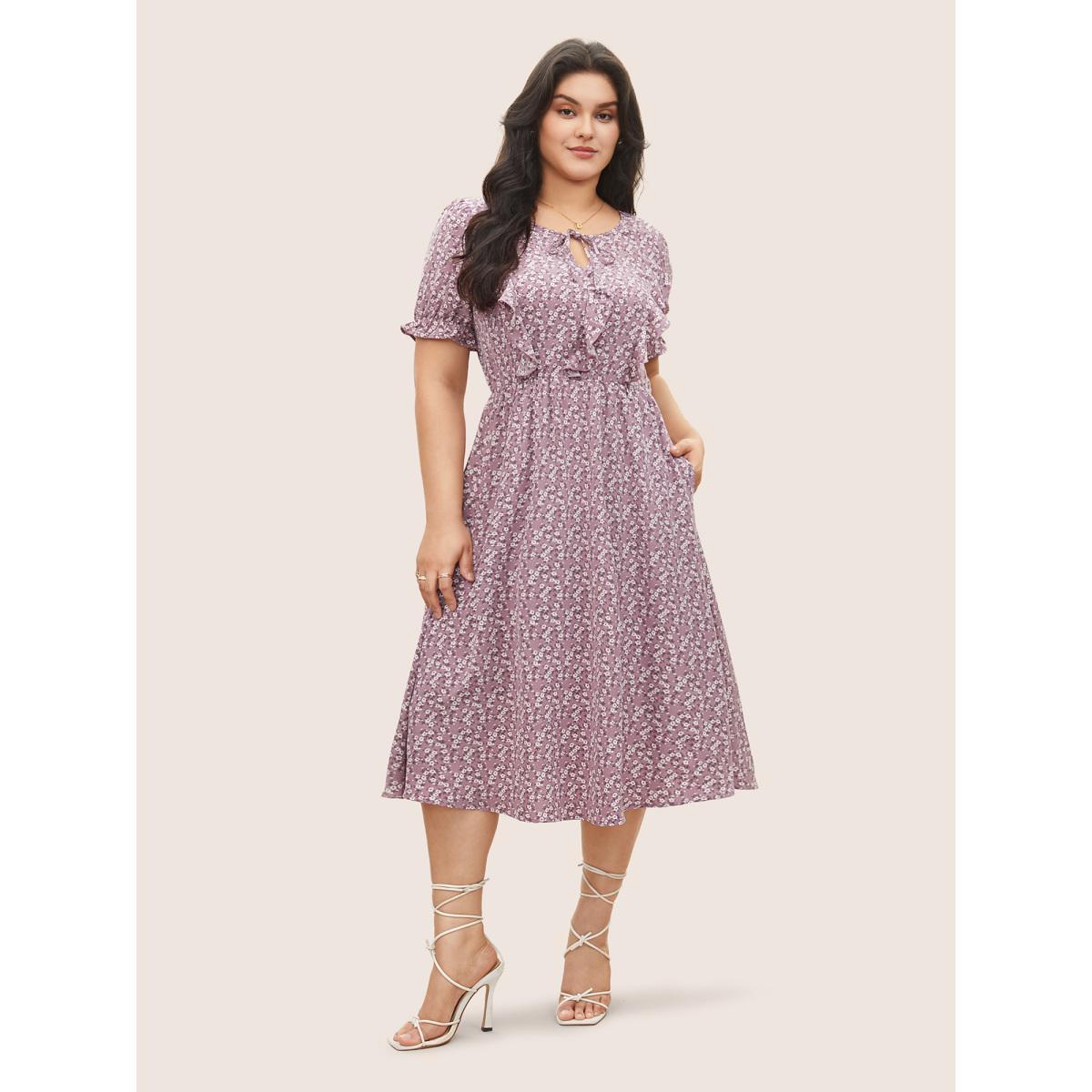 Plus Size Ditsy Floral Ruffle Trim Ties Lantern Sleeve Dress Heather Women Elegant Non Round Neck Short sleeve Curvy Midi Dress BloomChic 18-20/2X Product Image