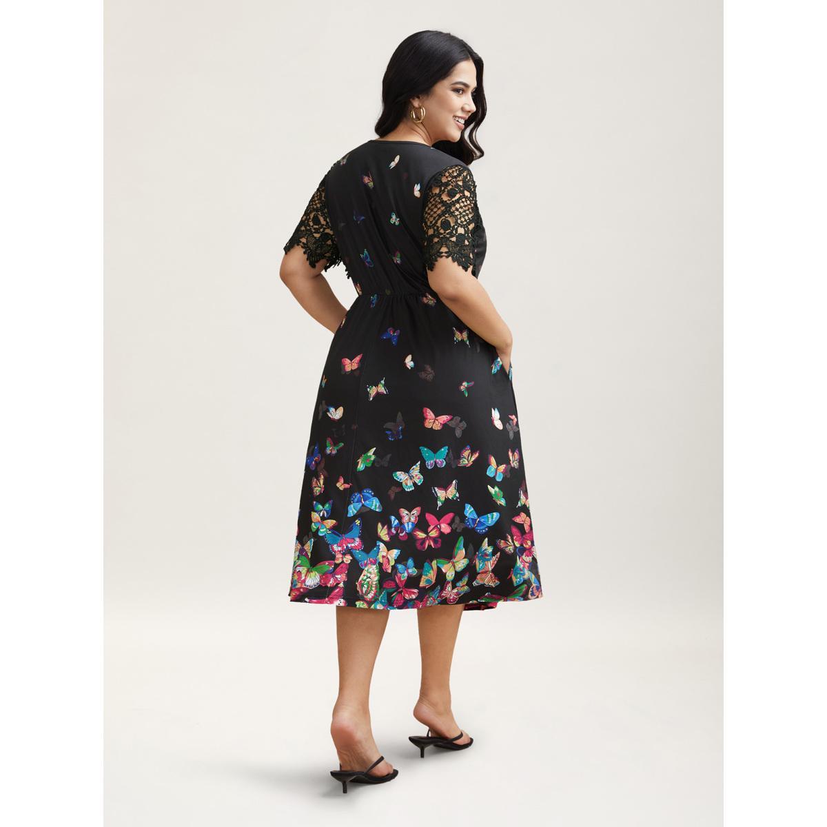 Plus Size Butterfly Print V-Neck Lace Midi Dress Multicolor Women Casual Woven ribbon&lace trim Knit Dresses Bloomchic 26/4X Product Image
