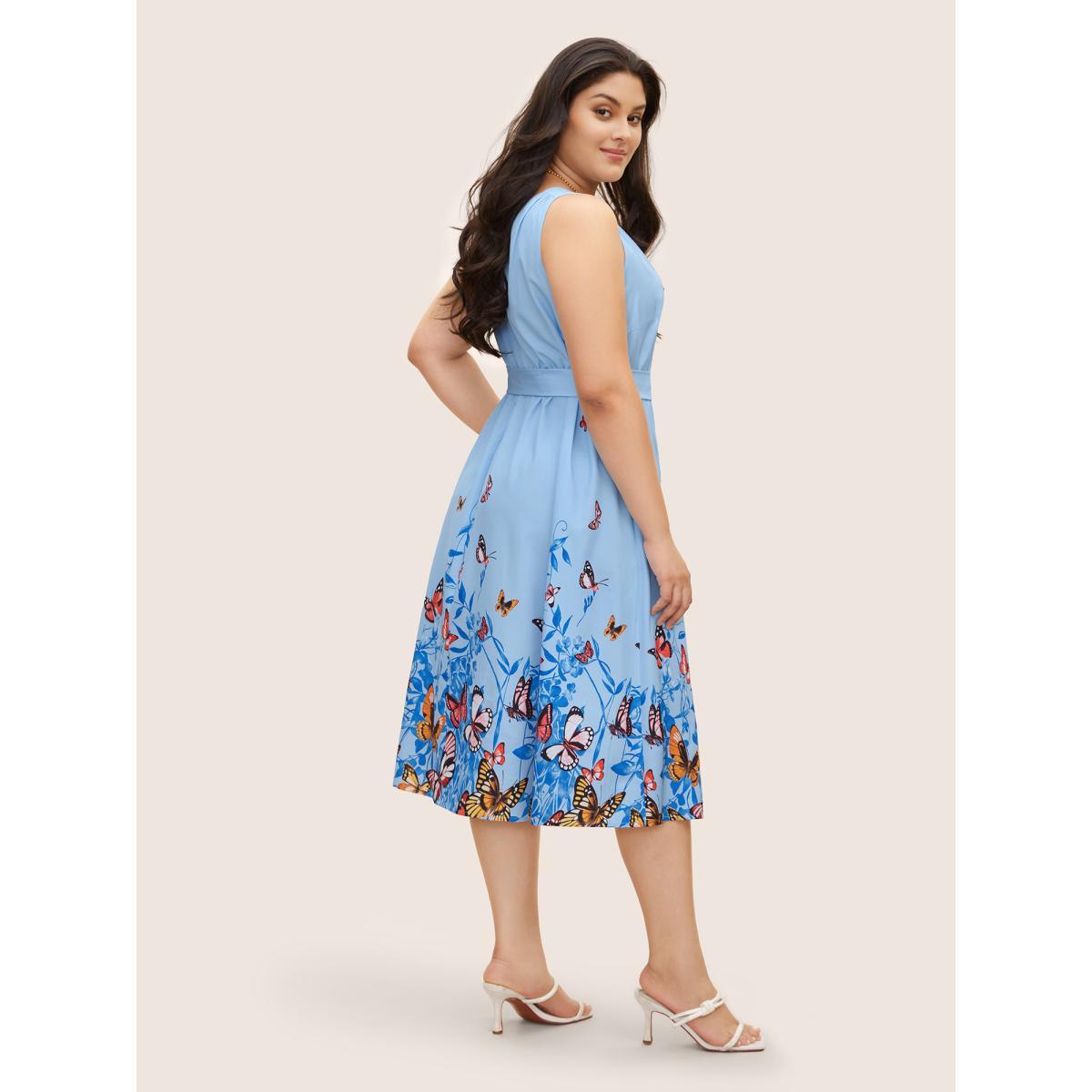 Plus Size Butterfly Print Wrap Gathered Tank Dress LightBlue Women Elegant Gathered Overlap Collar Sleeveless Curvy BloomChic 18-20/2X Product Image