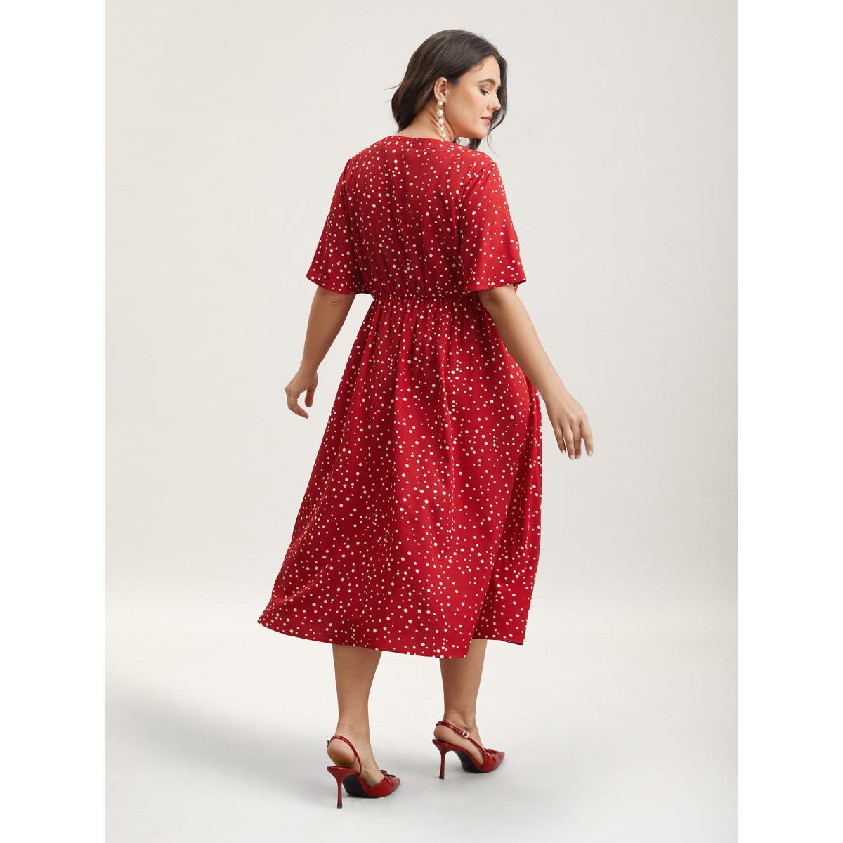 Plus Size Polka Dots Print Cut-Out Flutter Sleeve Midi Dress Scarlet Women Elegant Pleated Round Neck Short sleeve Curvy BloomChic 28/5X Product Image