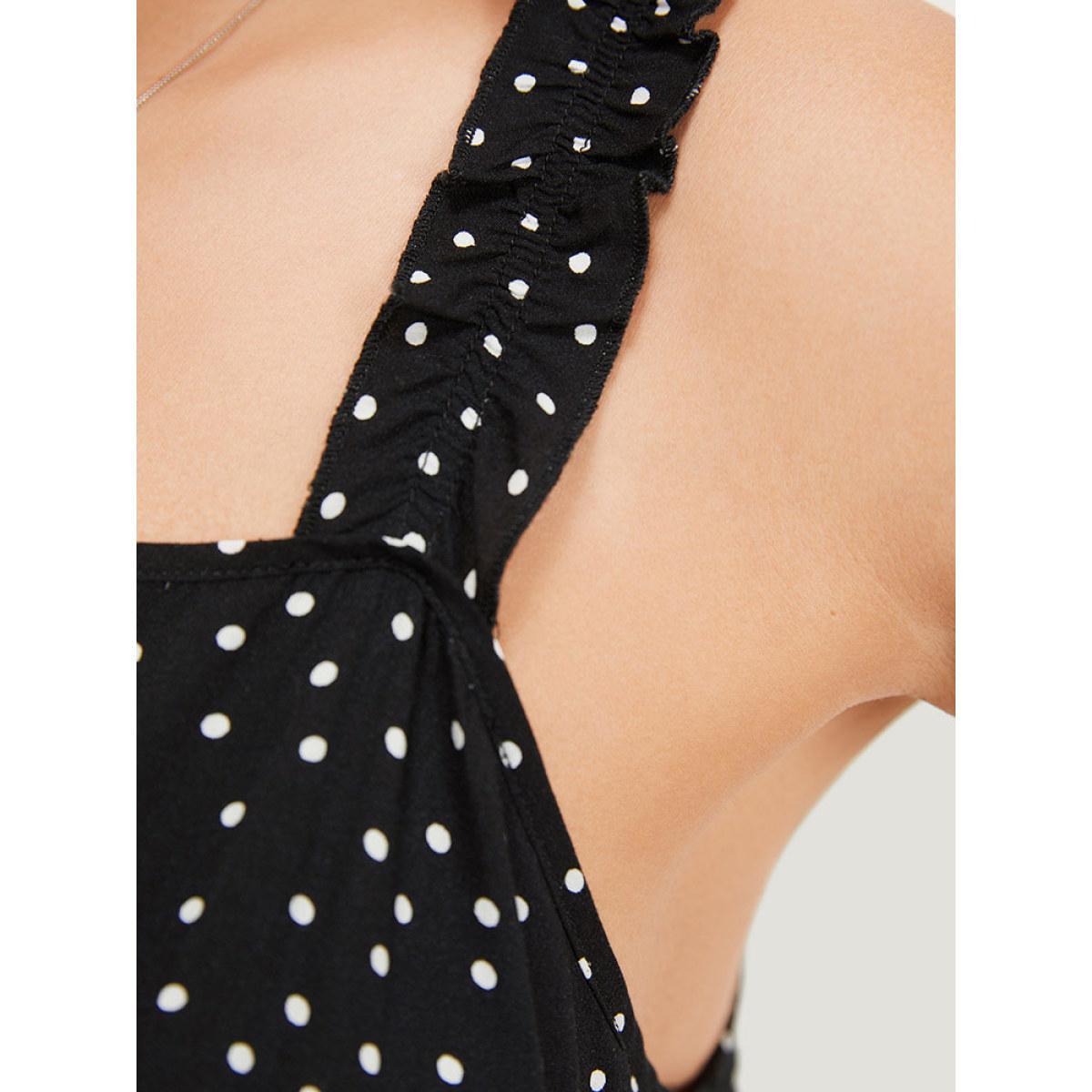 Plus Size Polka Dot Square Neck Ruffle Asymmetrical Hem Cami Dress Black Women Elegant Gathered Spaghetti Strap Sleeveless Curvy Midi Dress BloomChic 10/M Product Image
