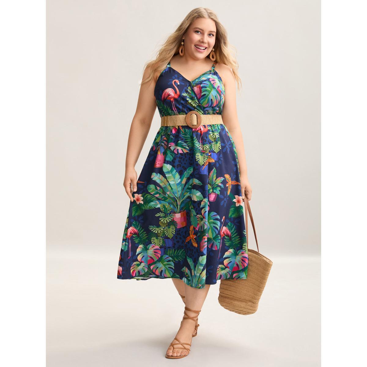 Plus Size Tropical Pattern Surplice Pockets Midi Dress DarkBlue Women Resort Non Overlap Collar Sleeveless Curvy BloomChic 22-24/3X Product Image