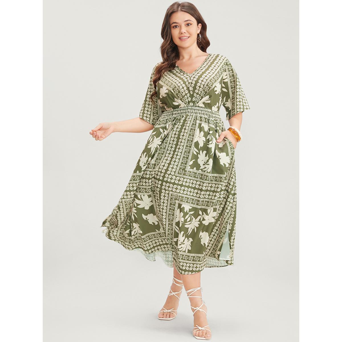 Plus Size Floral Print Ruffles V Neck Shirred Pocket Split Hem Dress Mint Women Vacation Pocket V-neck Short sleeve Curvy Midi Dress BloomChic 12/L Product Image
