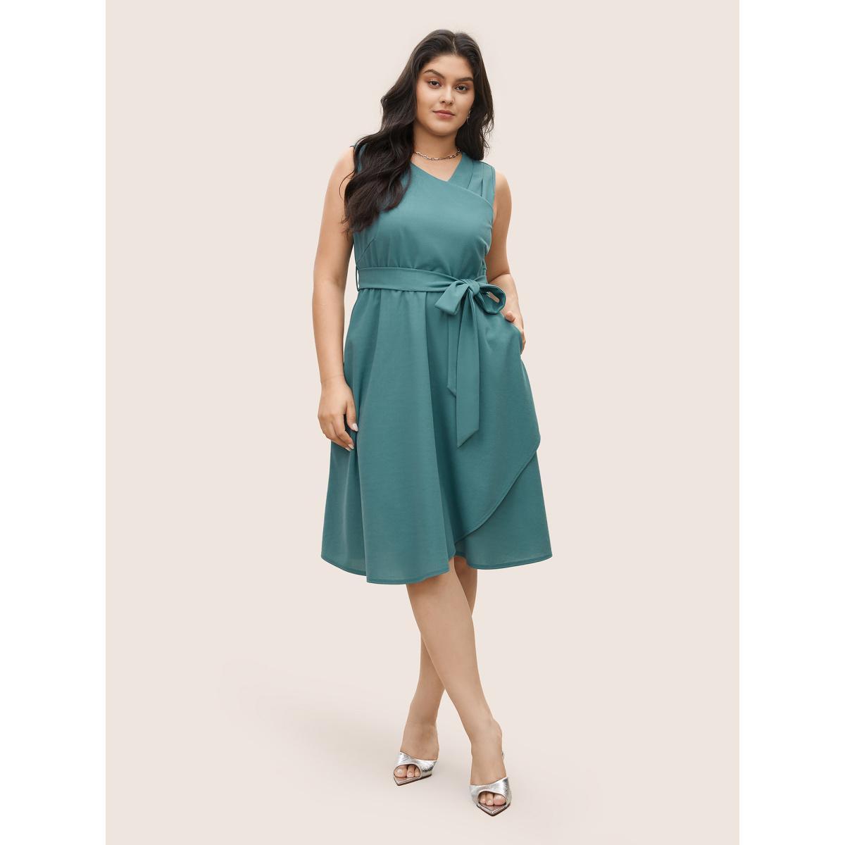 Plus Size Asymmetrical Neck Pleated Belted Sleeveless Dress Emerald Women At the Office Non Asymmetrical Neck Sleeveless Curvy Midi Dress BloomChic 22-24/3X Product Image