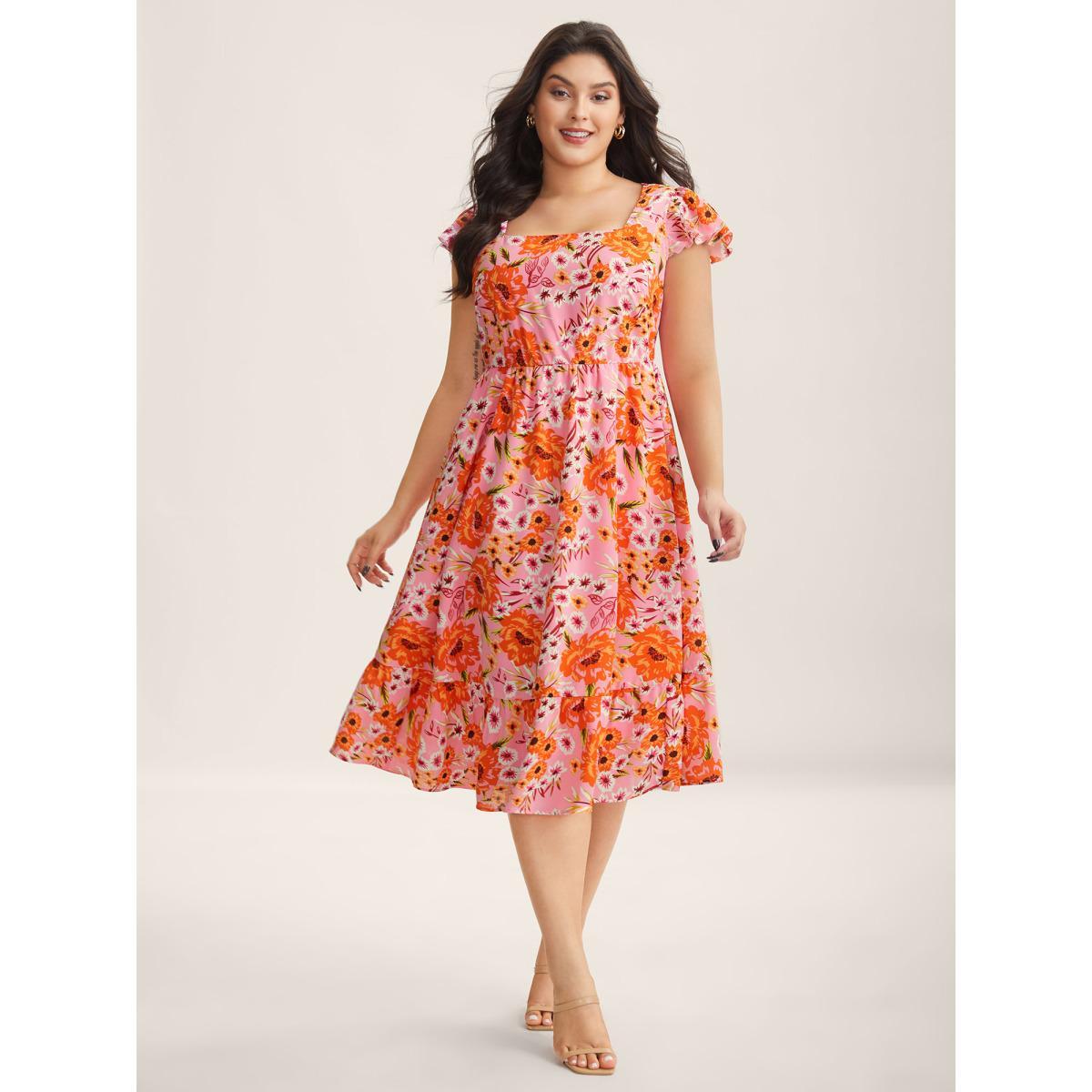 Plus Size Floral Print Flutter Sleeve Tiered Midi Dress Blush Women Square Neck Cap Sleeve Curvy BloomChic 12/L Product Image