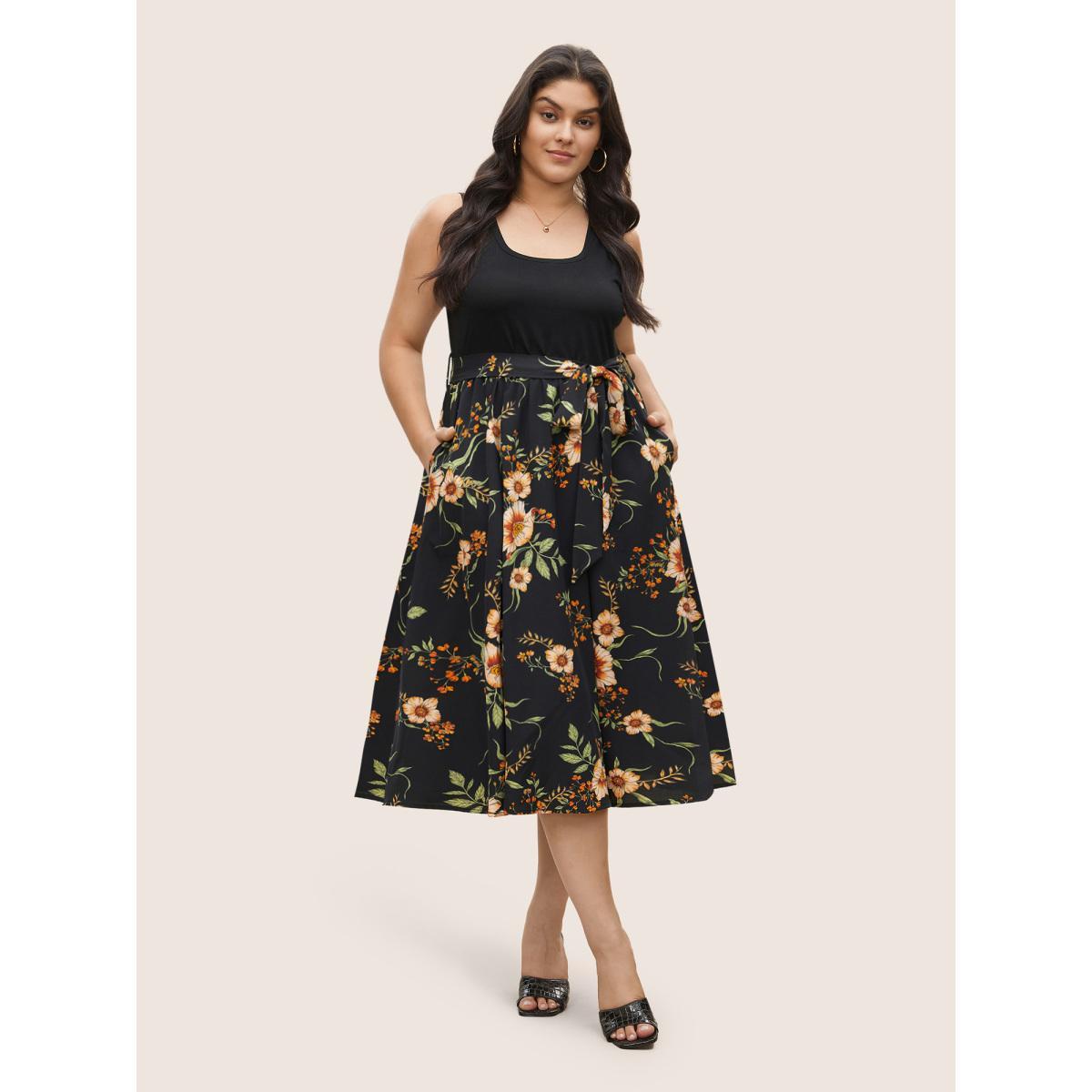 Plus Size Floral Patchwork Pocket Elastic Waist Sleeveless Dress Black Women Elegant Non Sleeveless Curvy Midi Dress BloomChic 18-20/2X Product Image