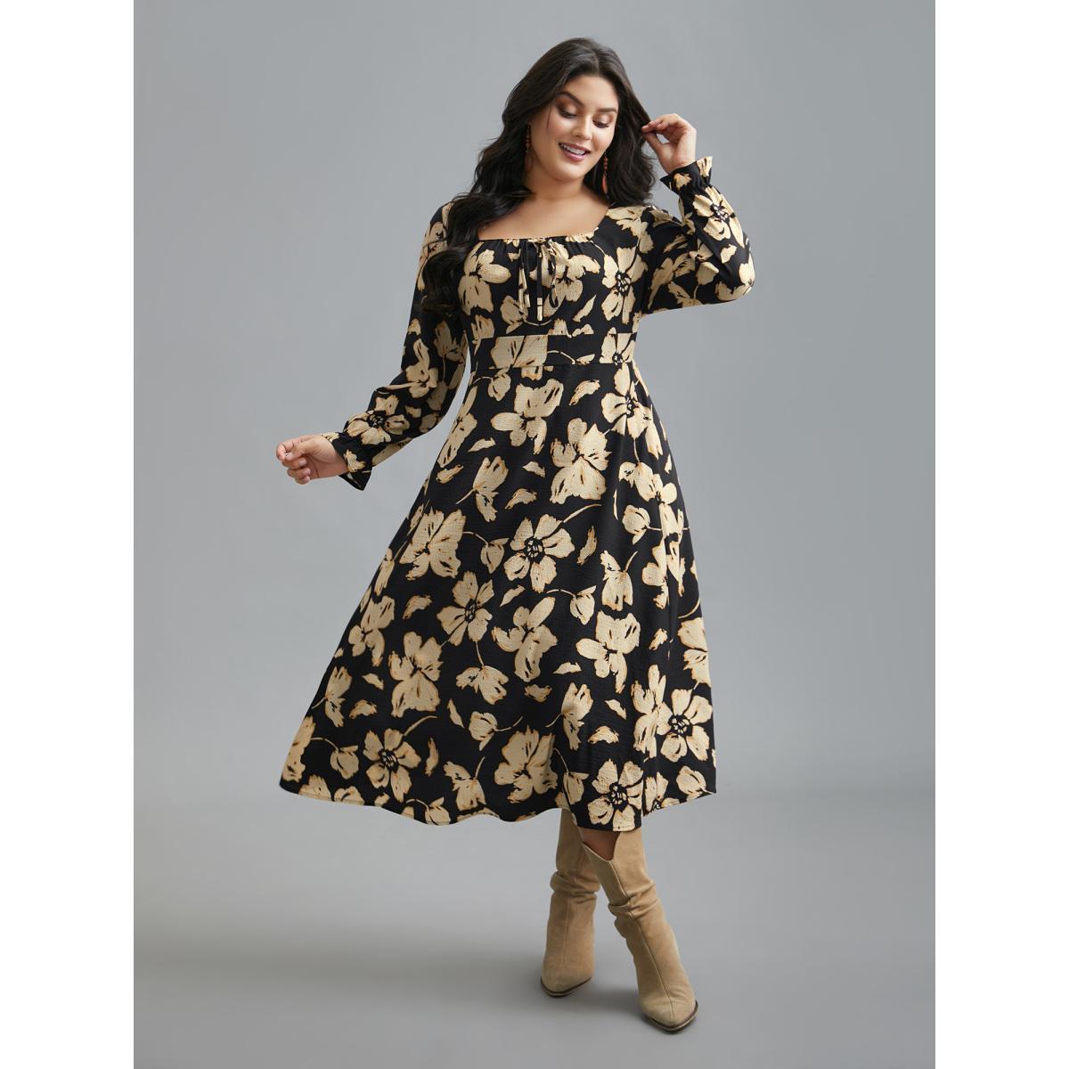 Plus Size Square Neck Silhouette Flower Ruffled Dress Black Women Resort Tie knot Square Neck Long Sleeve Curvy BloomChic 28/5X Product Image