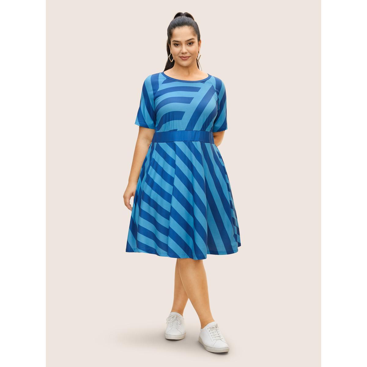 Plus Size Round Neck Striped Raglan Sleeve Dress Teal Women Casual Round Neck Short sleeve Curvy BloomChic 30/6X Product Image