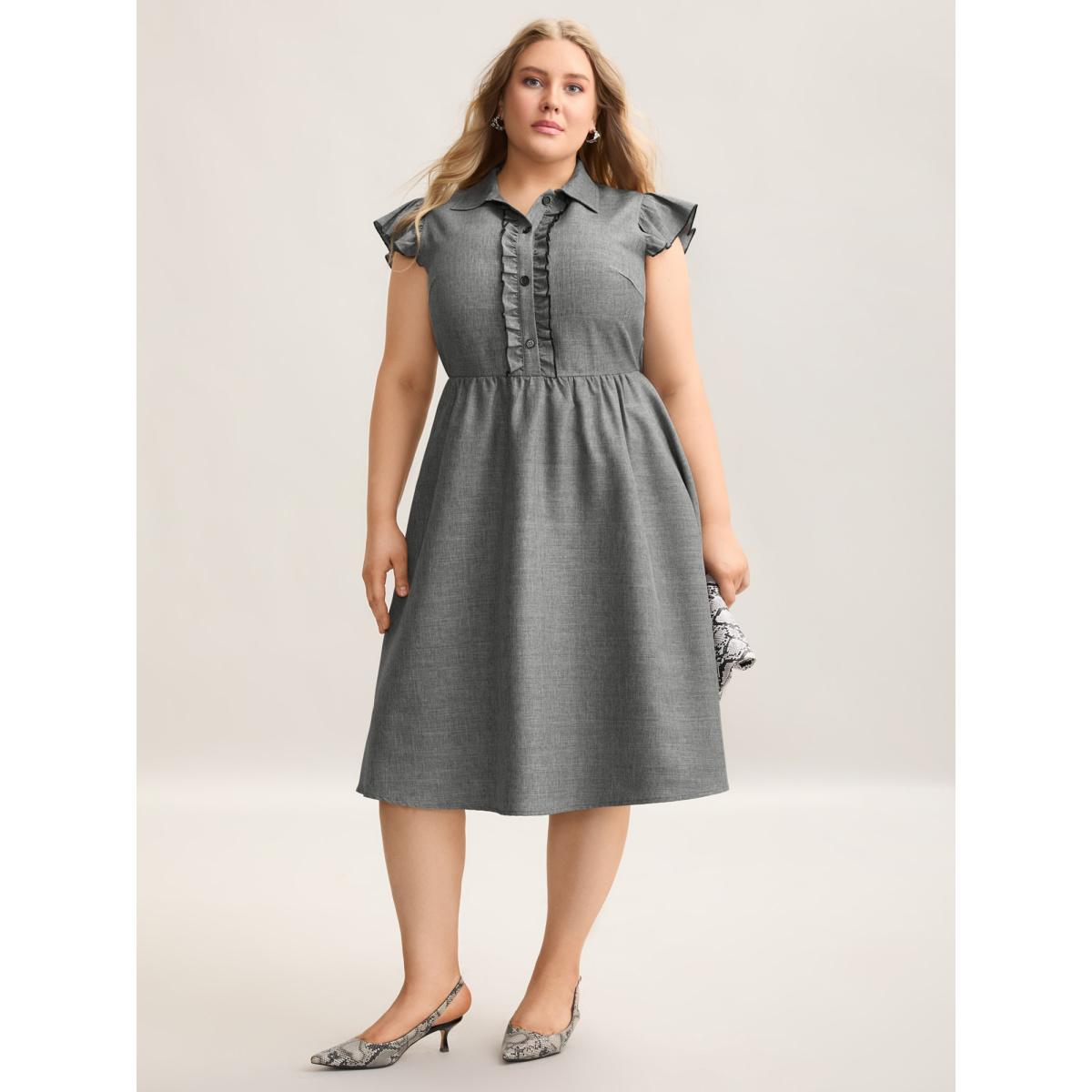 Plus Size Ruffled Trim Shirt Collar Flared Midi Dress DarkGray Women At the Office Frill Trim Shirt collar Cap Sleeve Curvy BloomChic 28/5X Product Image