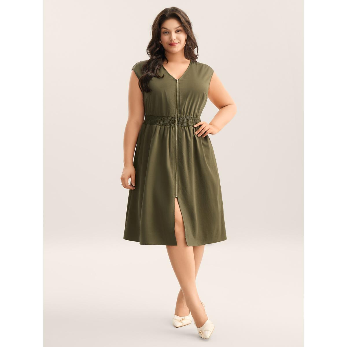 Plus Size Zipper Front Woven A-Line Midi Skirt ArmyGreen Women V-neck Cap Sleeve Curvy BloomChic 22-24/3X Product Image